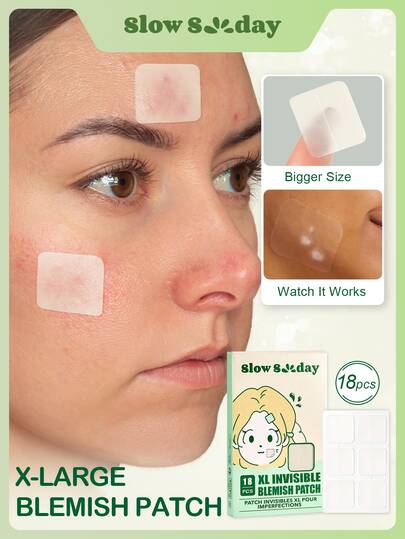 Slow Sunday XL Invisible Blemish Patch 18pcs, Pimple Patches, Soothe Skin, Hydrocolloid Materials, Ultra-Thin Design, Waterproof & Breathable, Mild & Non-Irritating, Better Coverage, For Face & Body, Suitable For Summer & Autumn, Back To School