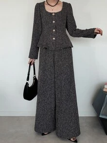 FRIFUL Women's Early Autumn New Korean Style Metal Button Decor Blazer 2 Pieces Set Lounge Sets For Women - Dark Grey - View 5