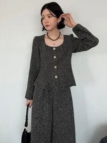 FRIFUL Women's Early Autumn New Korean Style Metal Button Decor Blazer 2 Pieces Set Lounge Sets For Women - Dark Grey - View 6