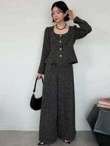 FRIFUL Women's Early Autumn New Korean Style Metal Button Decor Blazer 2 Pieces Set Lounge Sets For Women - Dark Grey - View 1