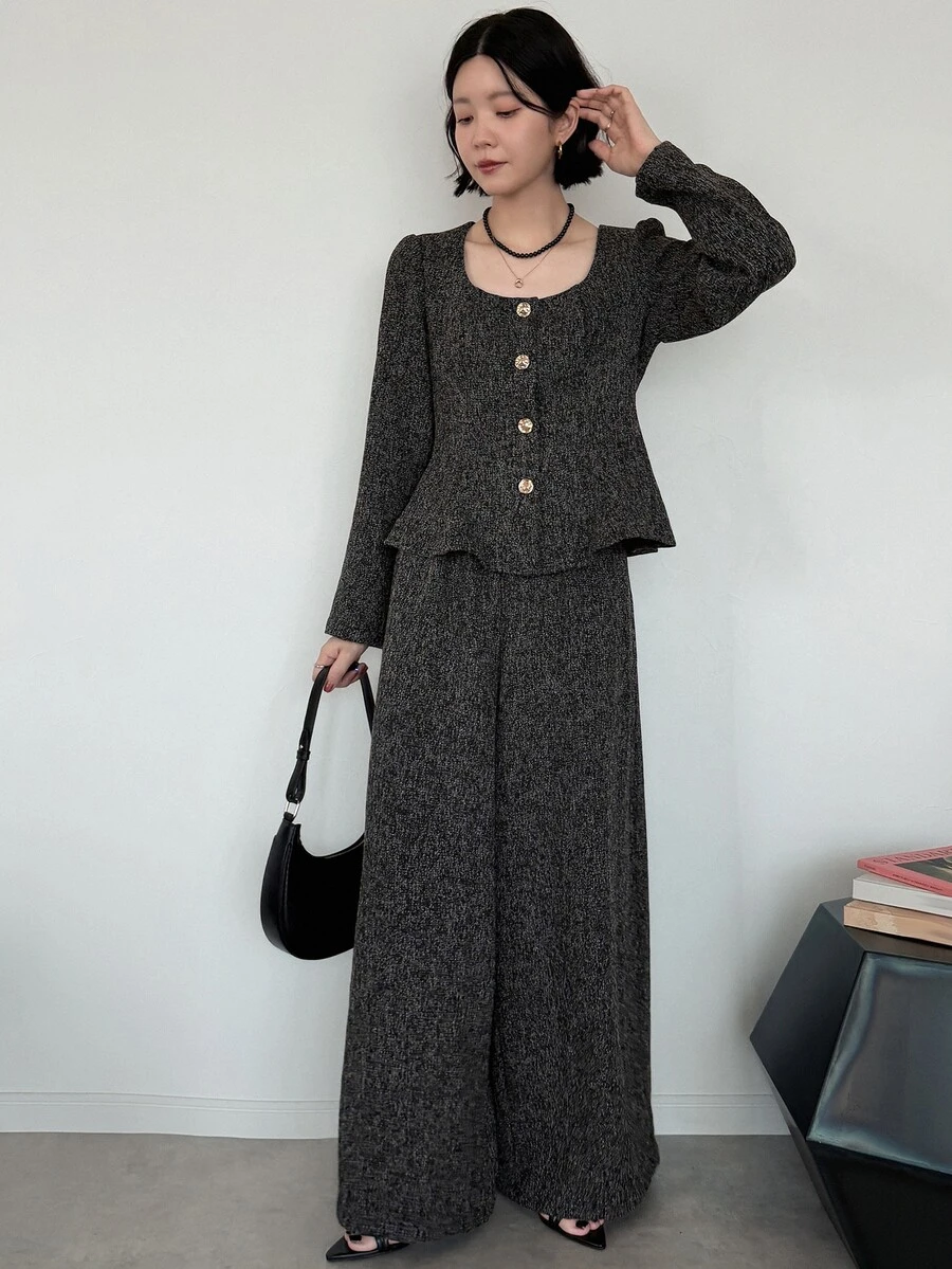 FRIFUL Women's Early Autumn New Korean Style Metal Button Decor Blazer 2 Pieces Set Lounge Sets For Women - Dark Grey - View 1