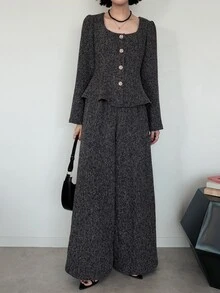 FRIFUL Women's Early Autumn New Korean Style Metal Button Decor Blazer 2 Pieces Set Lounge Sets For Women - Dark Grey - View 4