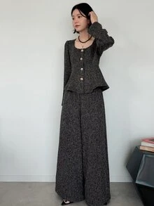 FRIFUL Women's Early Autumn New Korean Style Metal Button Decor Blazer 2 Pieces Set Lounge Sets For Women - Dark Grey - View 3