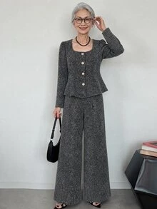 FRIFUL Women's Early Autumn New Korean Style Metal Button Decor Blazer 2 Pieces Set Lounge Sets For Women - Dark Grey - View 9