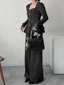 FRIFUL Women's Early Autumn New Korean Style Metal Button Decor Blazer 2 Pieces Set Lounge Sets For Women - Dark Grey - View 13