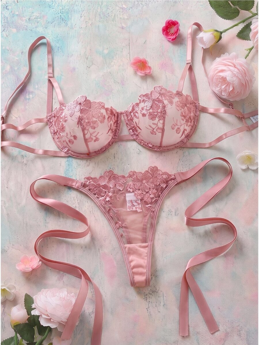 Elorette 女款天藍色刺繡細肩帶內衣套裝 2件組 - 西瓜粉 - 查看 1