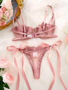 Elorette 女款天藍色刺繡細肩帶內衣套裝 2件組 - 西瓜粉 - 查看 2