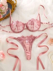 Elorette 女款天藍色刺繡細肩帶內衣套裝 2件組 - 西瓜粉 - 查看 3