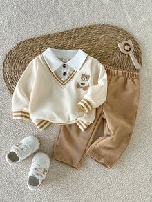 SHEIN 男嬰 0-3 歲秋冬新款淺米色 2 件套，休閒復古韓系學院風 2 合 1 上衣配熊圖案，燈芯絨長褲，百搭百搭，優雅時尚，適合上學、出遊、玩耍等多種場合 - 彩色 - 查看 5