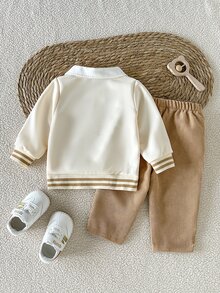 SHEIN 男嬰 0-3 歲秋冬新款淺米色 2 件套，休閒復古韓系學院風 2 合 1 上衣配熊圖案，燈芯絨長褲，百搭百搭，優雅時尚，適合上學、出遊、玩耍等多種場合 - 彩色 - 查看 2