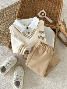 SHEIN 男嬰 0-3 歲秋冬新款淺米色 2 件套，休閒復古韓系學院風 2 合 1 上衣配熊圖案，燈芯絨長褲，百搭百搭，優雅時尚，適合上學、出遊、玩耍等多種場合 - 彩色 - 查看 4
