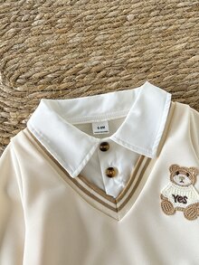 SHEIN 男嬰 0-3 歲秋冬新款淺米色 2 件套，休閒復古韓系學院風 2 合 1 上衣配熊圖案，燈芯絨長褲，百搭百搭，優雅時尚，適合上學、出遊、玩耍等多種場合 - 彩色 - 查看 7