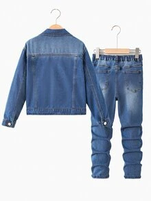SHEIN Kids 2Pcs Tween Boy Blue Hole-Front Jacket And Stretch Tight Jeans Black To School - Blue - View 2