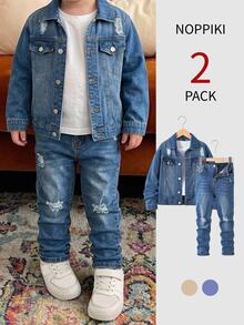 SHEIN Kids 2Pcs Tween Boy Blue Hole-Front Jacket And Stretch Tight Jeans Black To School - Blue - View 4