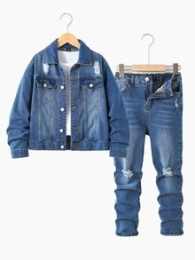 SHEIN Kids 2Pcs Tween Boy Blue Hole-Front Jacket And Stretch Tight Jeans Black To School - Blue - View 1
