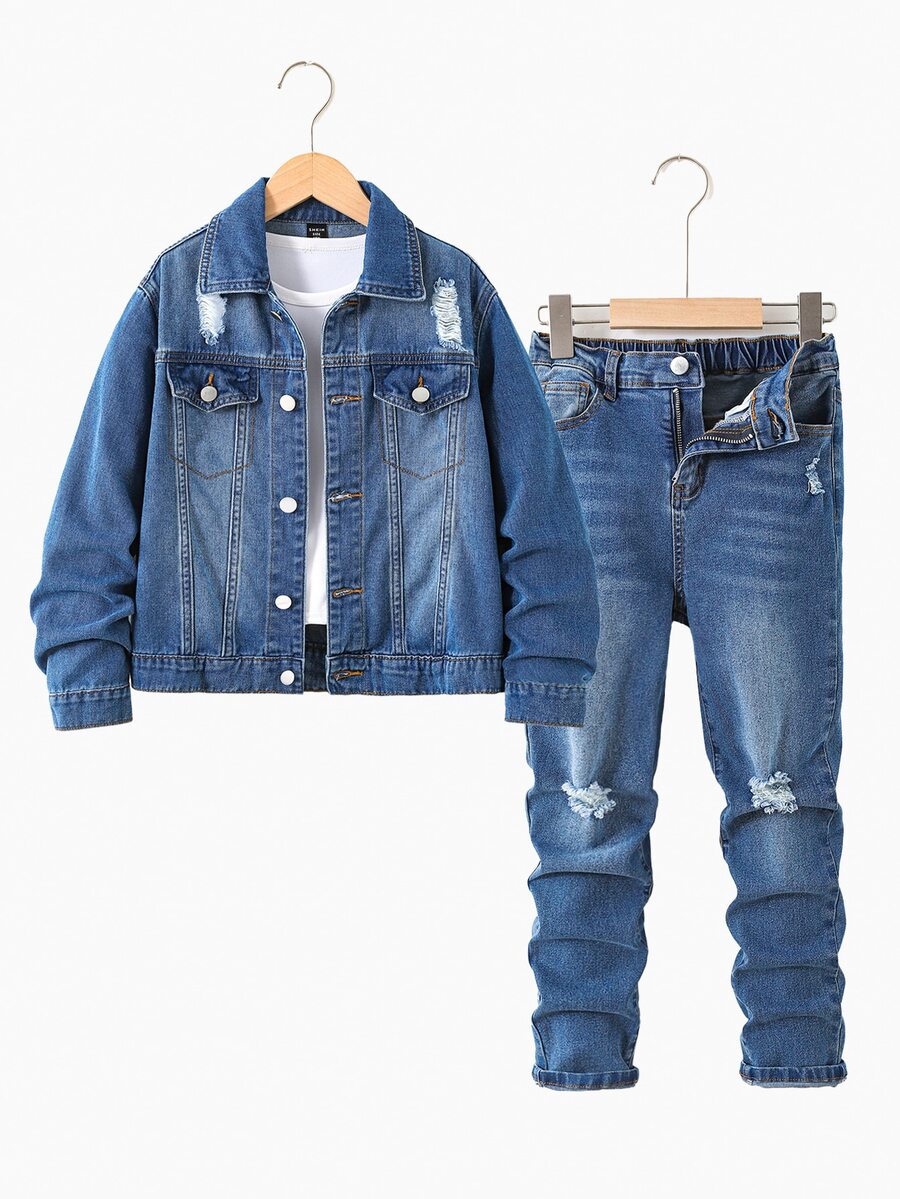 SHEIN Kids 2Pcs Tween Boy Blue Hole-Front Jacket And Stretch Tight Jeans Black To School - Blue - View 1