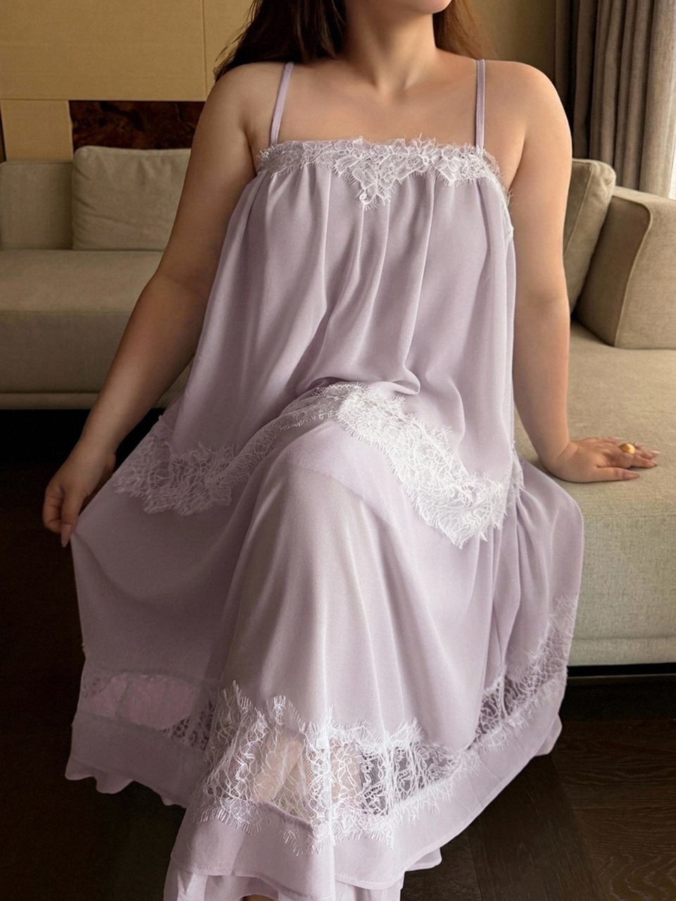 Dazy Plus Romantic Colorblock Lace Patchwork Layered Ruffle Strap Nightgown For Vacation, Spring, Summer, Autumn