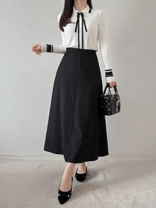 FRIFUL Cardigan Wanita Model Korea Terbaru untuk Awal Musim Gugur dengan Hiasan Pita dan Blok Warna, Potongan Ramping, dan Tampilan Menawan. - Putih - View 7