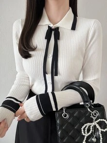 FRIFUL Cardigan Wanita Model Korea Terbaru untuk Awal Musim Gugur dengan Hiasan Pita dan Blok Warna, Potongan Ramping, dan Tampilan Menawan. - Putih - View 4