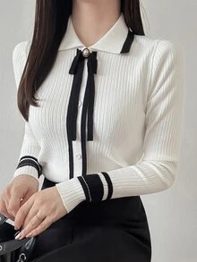 FRIFUL Cardigan Wanita Model Korea Terbaru untuk Awal Musim Gugur dengan Hiasan Pita dan Blok Warna, Potongan Ramping, dan Tampilan Menawan. - Putih - View 6