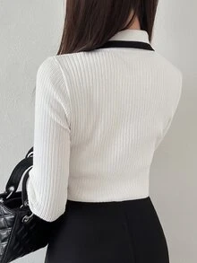FRIFUL Cardigan Wanita Model Korea Terbaru untuk Awal Musim Gugur dengan Hiasan Pita dan Blok Warna, Potongan Ramping, dan Tampilan Menawan. - Putih - View 2
