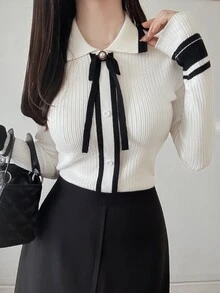 FRIFUL Cardigan Wanita Model Korea Terbaru untuk Awal Musim Gugur dengan Hiasan Pita dan Blok Warna, Potongan Ramping, dan Tampilan Menawan. - Putih - View 5