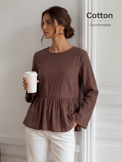 Easowa Women's Solid Color Round Neck Long Sleeve Ruffle Hem Casual Blouse