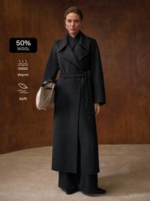 MOTF WOMEN'S AUTUMN/WINTER LONG LOOSE FIT DOUBLE-FACED WOOL OVERCOAT WITH BELT - Mocha Brown - View 2