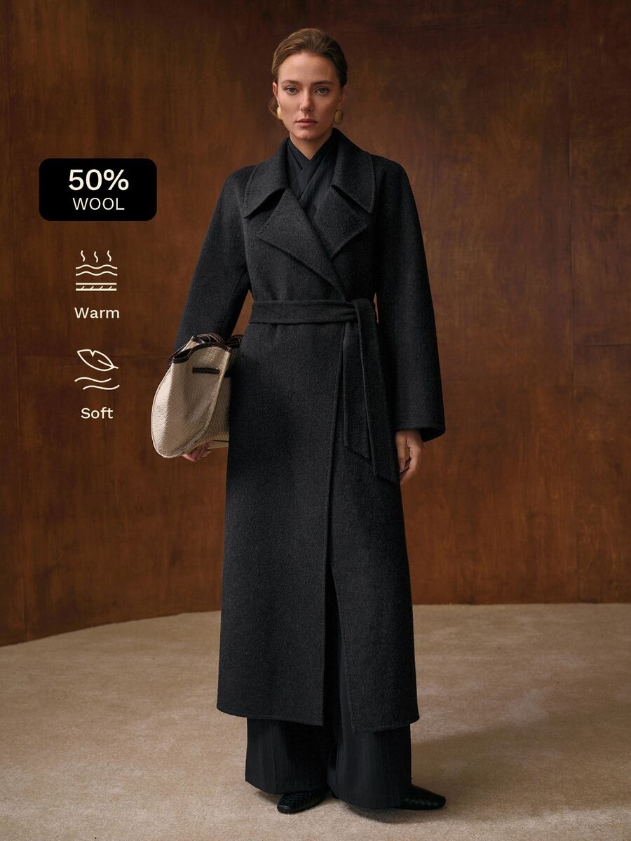 MOTF WOMEN'S AUTUMN/WINTER LONG LOOSE FIT DOUBLE-FACED WOOL OVERCOAT WITH BELT