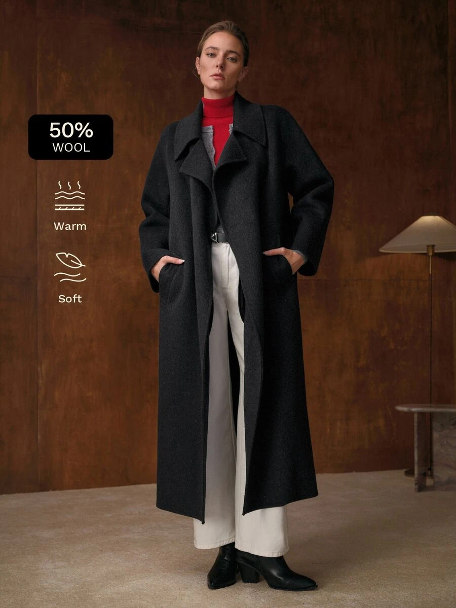 MOTF WOMEN'S AUTUMN/WINTER LONG LOOSE FIT DOUBLE-FACED WOOL OVERCOAT WITH BELT - Mocha Brown - View 2