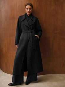 MOTF WOMEN'S AUTUMN/WINTER LONG LOOSE FIT DOUBLE-FACED WOOL OVERCOAT WITH BELT - Mocha Brown - View 6