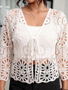 Reflora Cárdigan de punto calado de talla grande, adecuado para vacaciones - Blanco - Ver 6