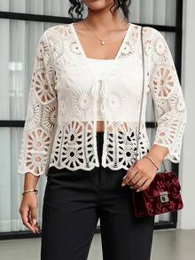 Reflora Cárdigan de punto calado de talla grande, adecuado para vacaciones - Blanco - Ver 5