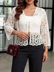 Reflora Cárdigan de punto calado de talla grande, adecuado para vacaciones - Blanco - Ver 4