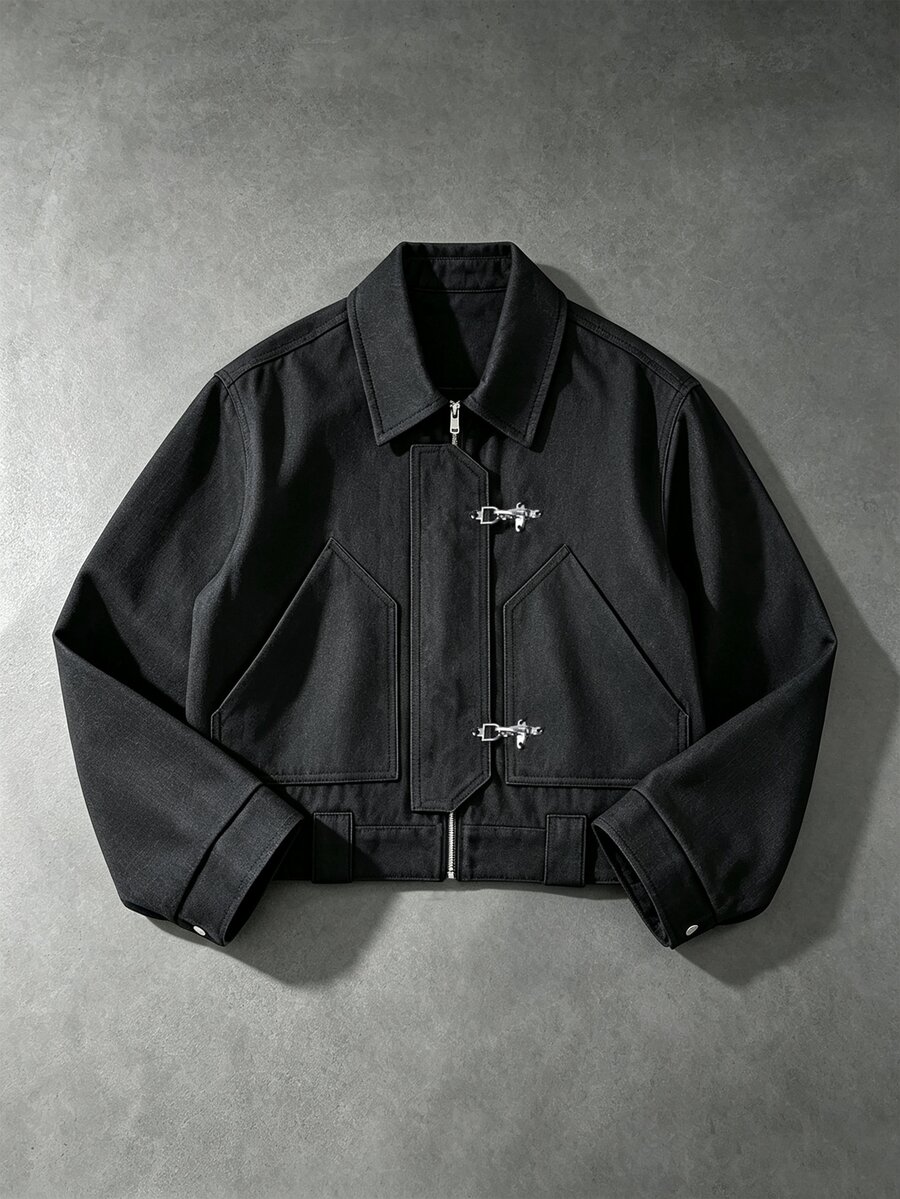 PAVTROS Men's Autumn & Winter Old‑Money Denim‑Look Jacket, Cargo Patch Pockets & Plane‑Buckle Accents, Perfect Millennium‑Theme Gift For Halloween & Christmas - Black - View 1