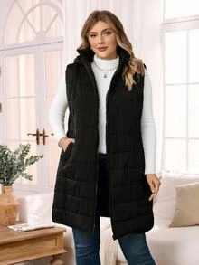 Rosumi Plus Size Plain Hooded Padded Vest Jacket With Pockets, For Winter Fall Autumn - Black - View 1