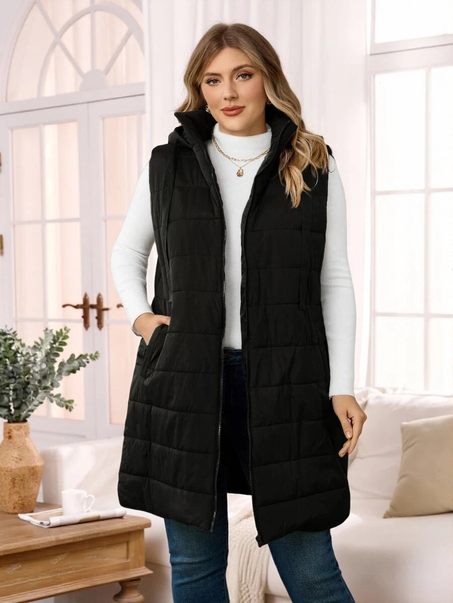 Rosumi Plus Size Plain Hooded Padded Vest Jacket With Pockets, For Winter Fall Autumn - Black - View 1