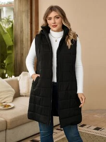 Rosumi Plus Size Plain Hooded Padded Vest Jacket With Pockets, For Winter Fall Autumn - Black - View 7