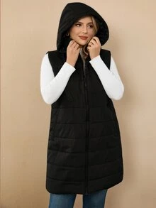 Rosumi Plus Size Plain Hooded Padded Vest Jacket With Pockets, For Winter Fall Autumn - Black - View 8