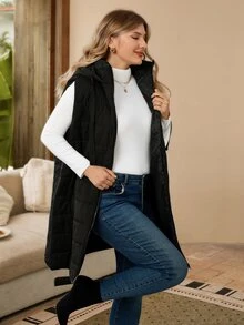 Rosumi Plus Size Plain Hooded Padded Vest Jacket With Pockets, For Winter Fall Autumn - Black - View 11