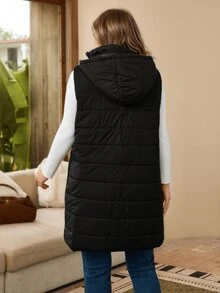 Rosumi Plus Size Plain Hooded Padded Vest Jacket With Pockets, For Winter Fall Autumn - Black - View 4