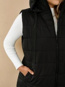 Rosumi Plus Size Plain Hooded Padded Vest Jacket With Pockets, For Winter Fall Autumn - Black - View 5