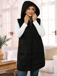 Rosumi Plus Size Plain Hooded Padded Vest Jacket With Pockets, For Winter Fall Autumn - Black - View 2