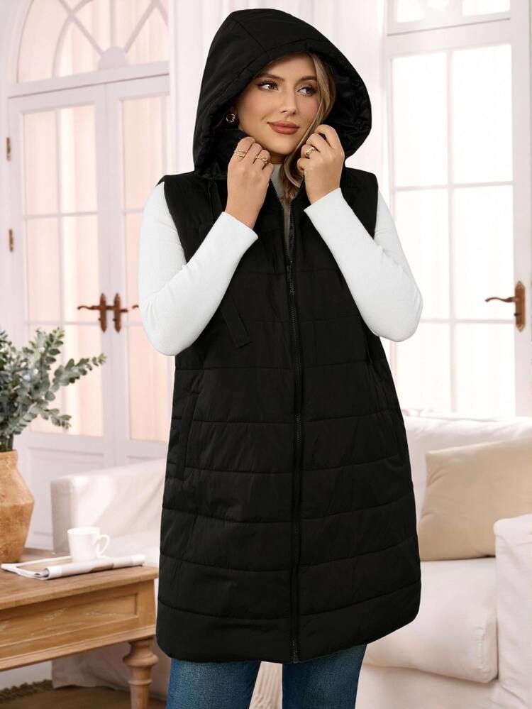 Rosumi Plus Size Plain Hooded Padded Vest Jacket With Pockets, For Winter Fall Autumn Vacation Going Out Black Nice Cowboy - Black - View 2