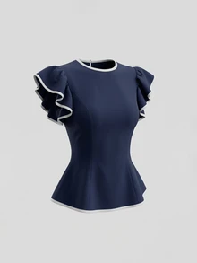 Olithes Navy Blue White Trim Ruffle Short Sleeve Slim Fit Flattering Versatile Commuter Plus Size Blouse - Blue - View 3