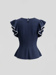 Olithes Navy Blue White Trim Ruffle Short Sleeve Slim Fit Flattering Versatile Commuter Plus Size Blouse - Blue - View 2
