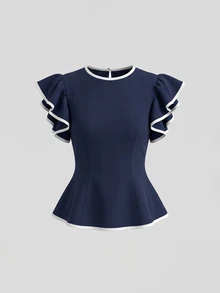 Olithes Navy Blue White Trim Ruffle Short Sleeve Slim Fit Flattering Versatile Commuter Plus Size Blouse - Blue - View 1