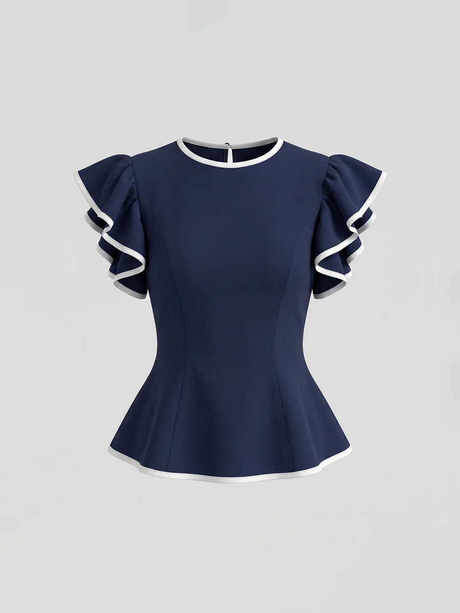 Olithes Navy Blue White Trim Ruffle Short Sleeve Slim Fit Flattering Versatile Commuter Plus Size Blouse - Blue - View 1