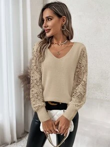 SHEIN Clasi Suéter de manga larga con parches de encaje de unicolor y diseño simple para uso diario en otoño/invierno - Camel - Ver 5