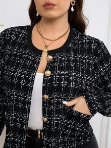 SHEIN Clasi 大碼女款優雅黑白格紋短版長袖夾克，適合秋季商務休閒晚餐通勤，冬季通勤外套 - 黑色 - 查看 2